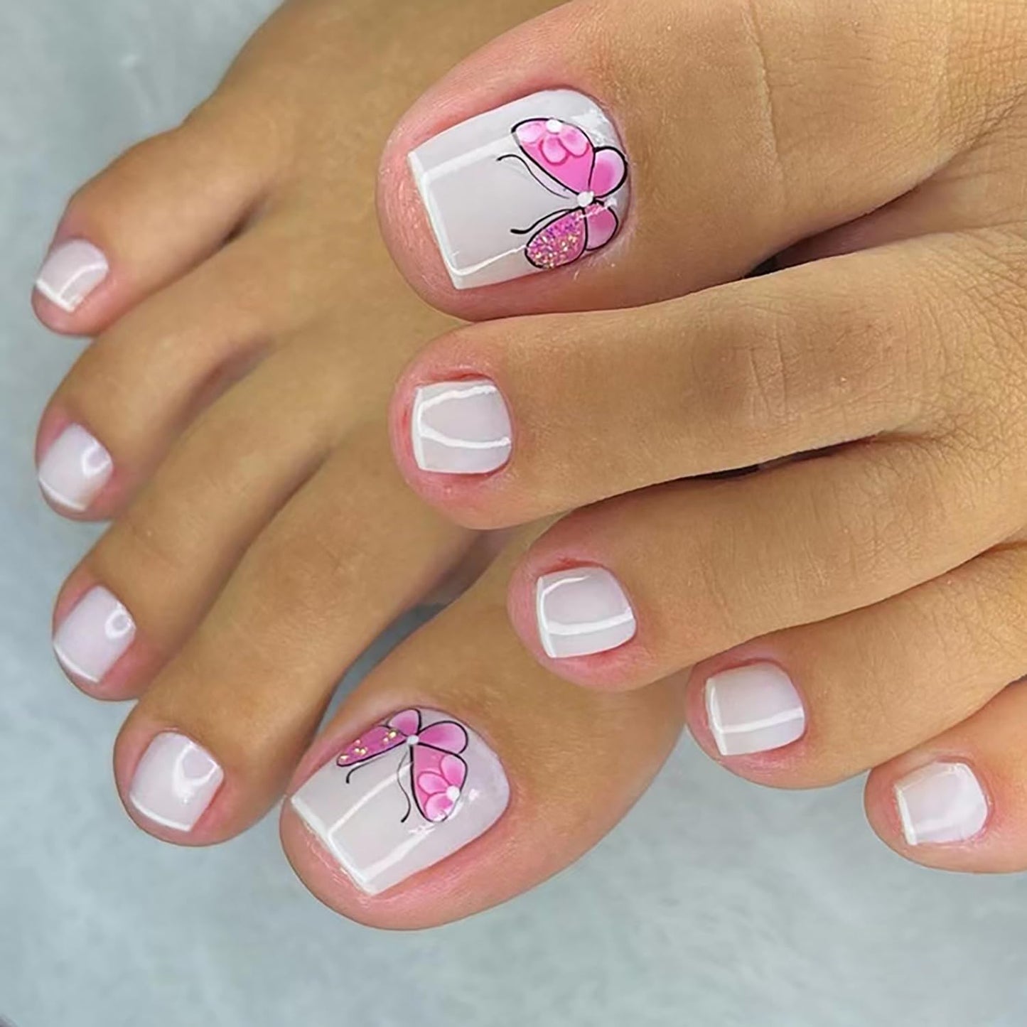 Press On Coffin Toenails With Butterfly Designs, Full Cover Reusable False Nails With Adhesive Tab, Artificial Acrylic Fake Toe Nails, Glue On With Charm, Stick On for Women