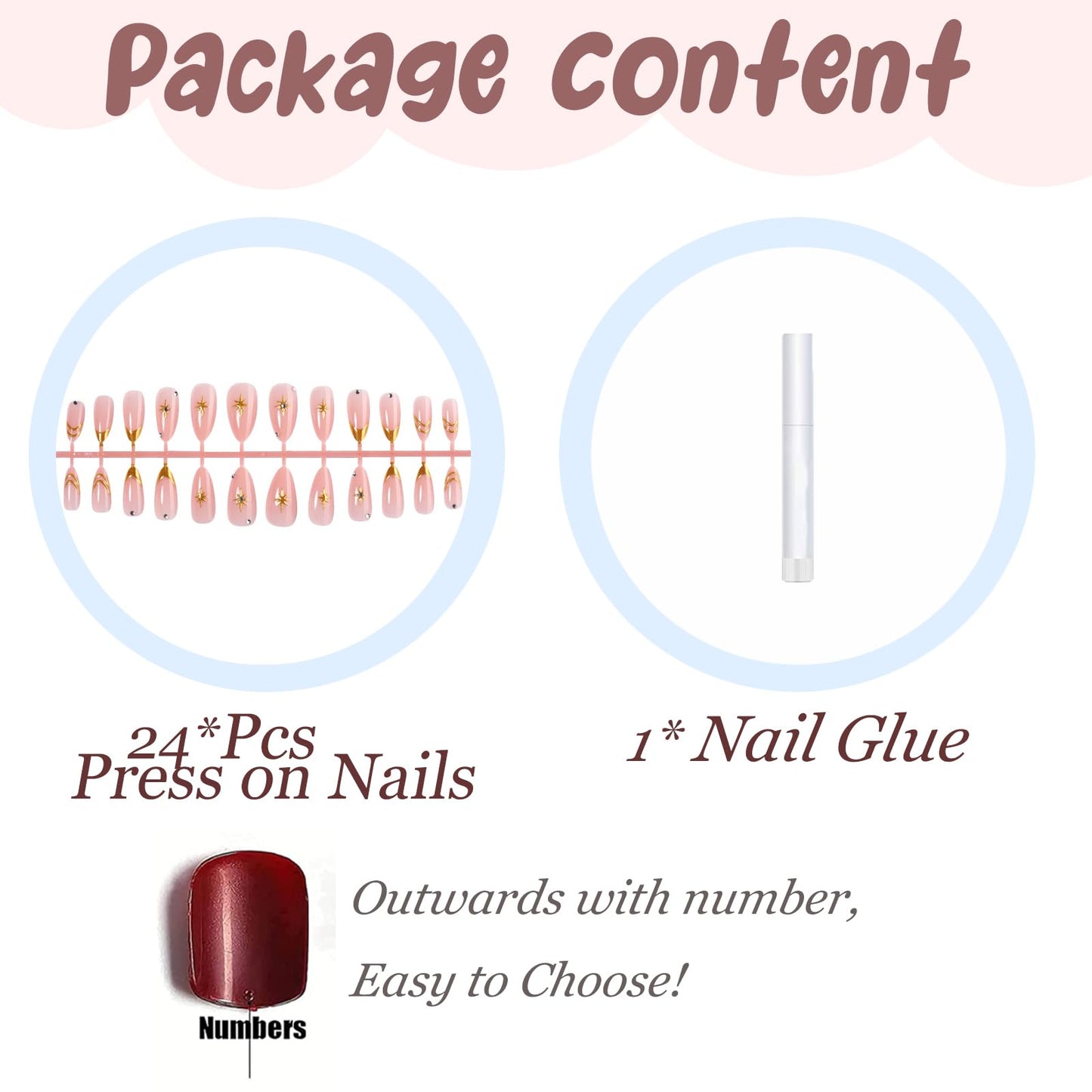 BABALAL Press On Nails, Medium Almond Fake Nails, Gold Chrome French Tip, Star & Rhinestone Design Y2k, Glossy Full Cover Glue On Nails For Women And Girls 24Pcs