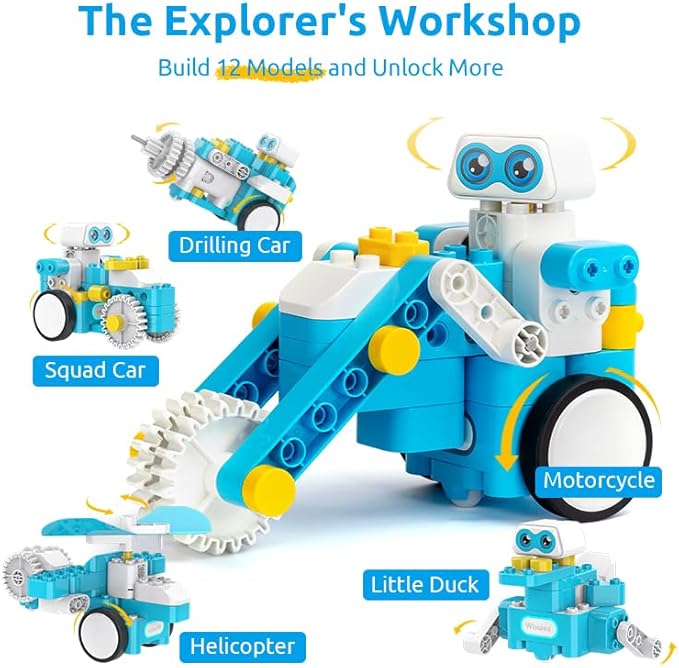 WhalesBot C3 Pro 12-in-1 Remote Control & Coding Robot Kit for Kids 4+, Advanced Smart Panel & Cards Programming, Educational STEM Toy, Block Building Set with Controller & Motor for Kids 4-6, 5-7