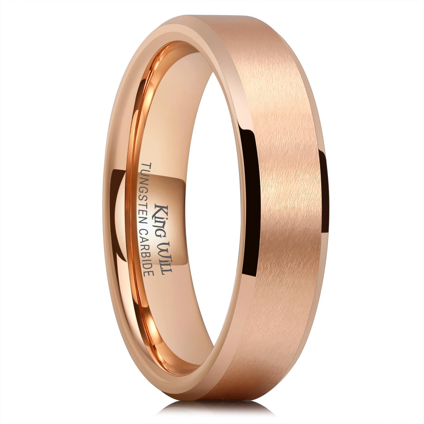King Will 6mm Men's Rose Gold Wedding Ring – Matte Brushed, Beveled Polished Edge, Comfort Fit, Size 9