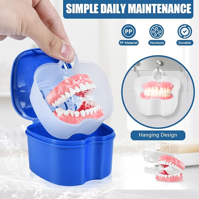 3 Pack Colors Denture Bath Case Cup Box Holder Storage Soak Container with Strainer Basket for Travel Cleaning (Blue, Light Blue, Purple)