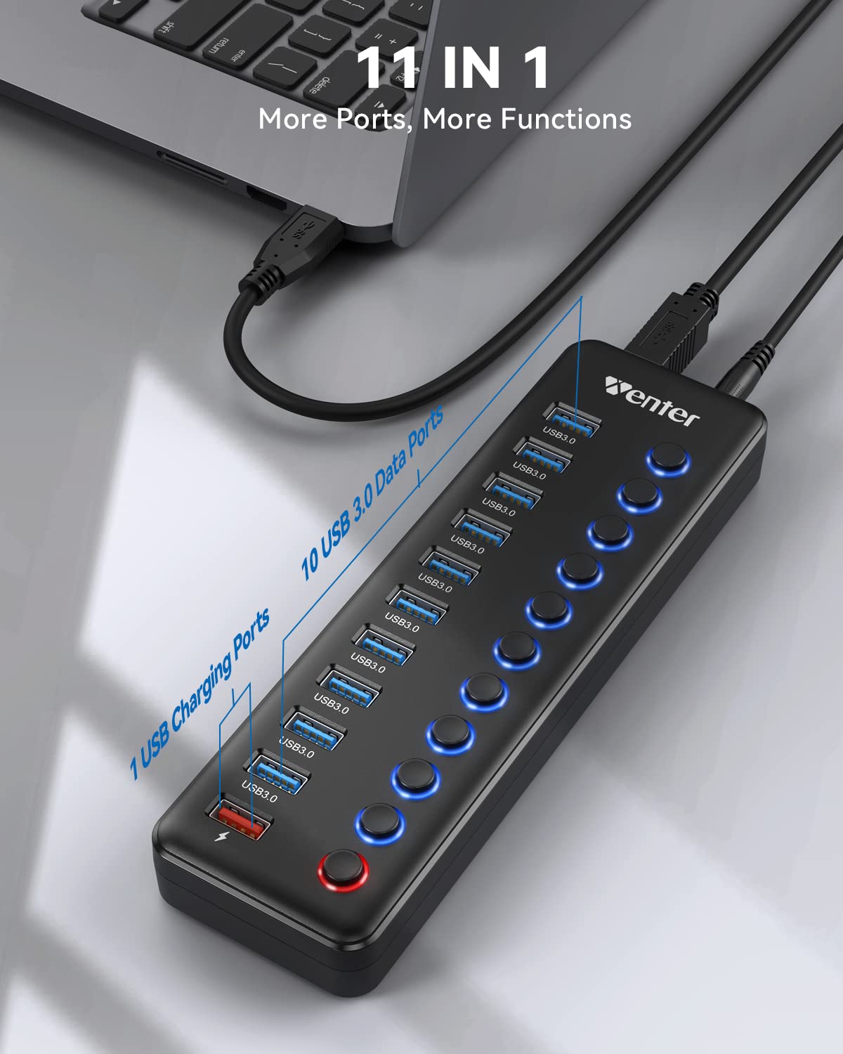 Powered USB Hub, Wenter 11-Port USB Splitter Hub (10 Faster Data Transfer Ports+ 1 Smart Charging Port) with Individual LED On/Off Switches, USB Hub 3.0 Powered with Power Adapter for Mac, PC