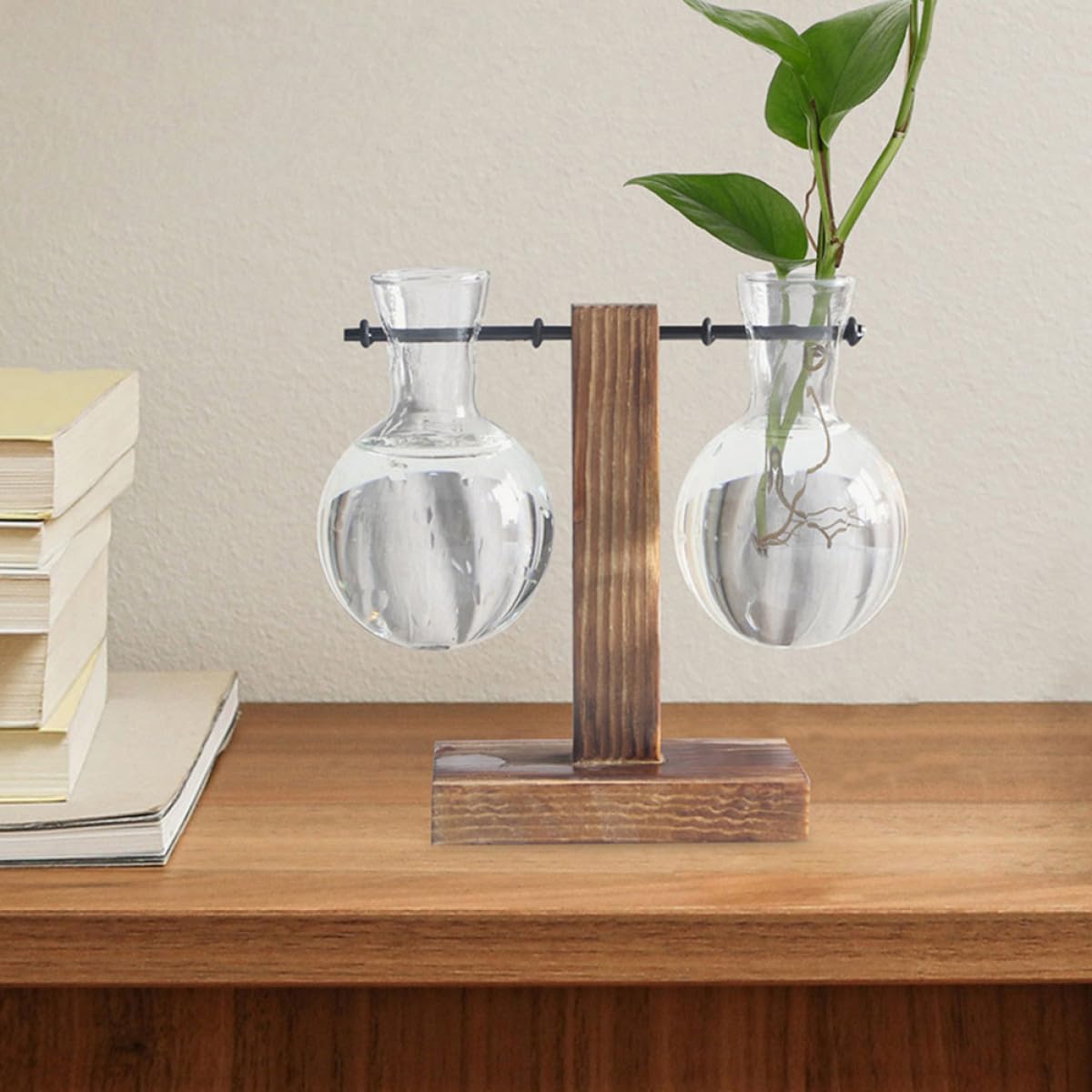 ARTIBETTER 3Pcs High Borosilicate Glass Hydroponic Vase with Holes on Wooden Stand, Desktop Glass Flower Planter for Plant Propagation and Terrarium Arrangement