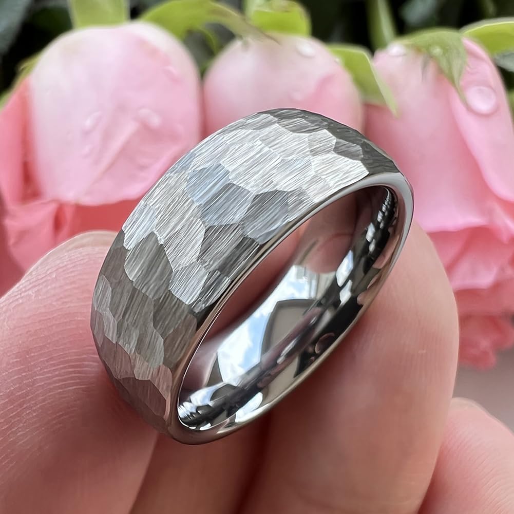 TUTISS 8mm Hammered Tungsten Carbide Rings for Men Women Engagement Wedding Bands Domed I Love You Engraved Comfort Fit Size 6
