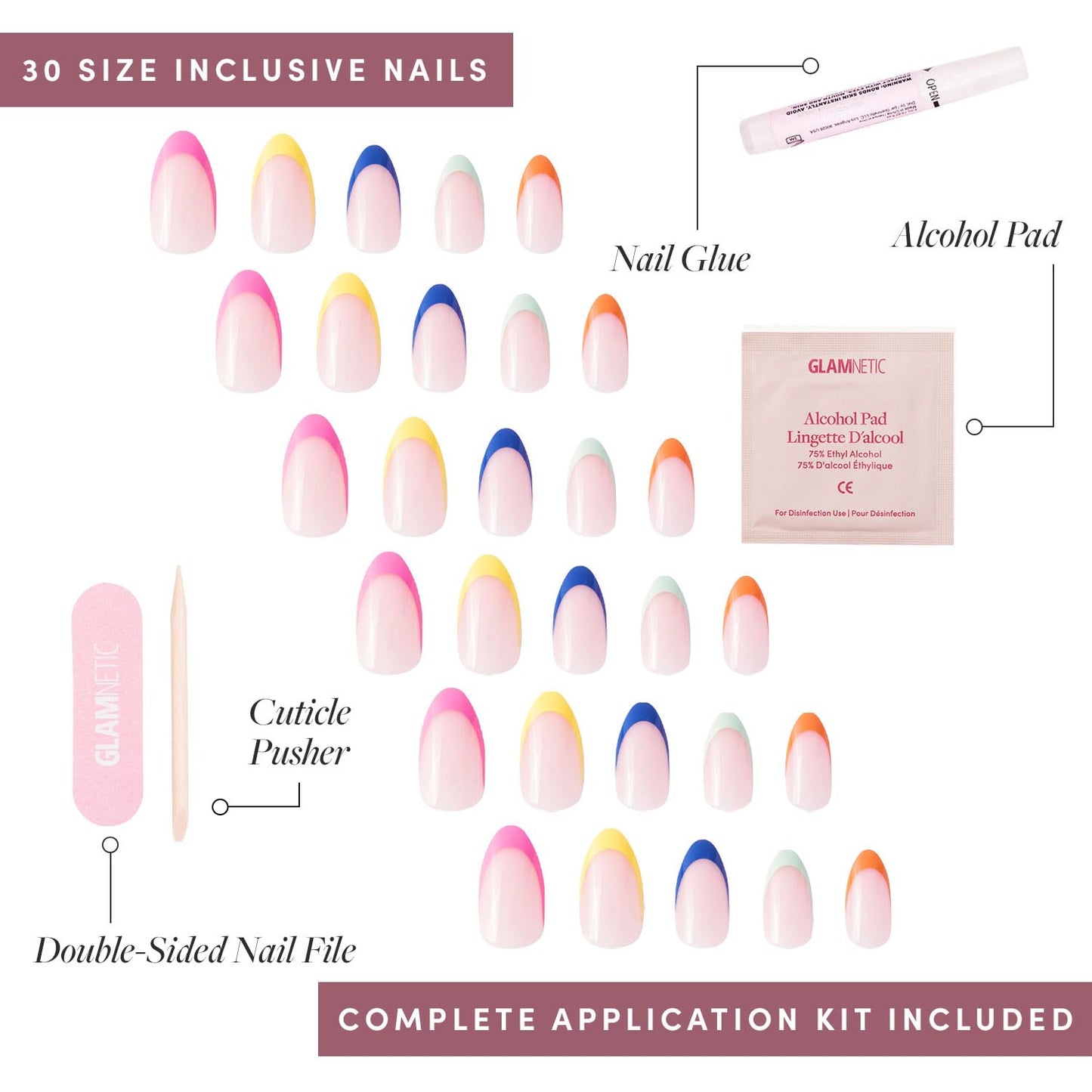 Glamnetic Press-On Nails Bundle - Pinch Me, Caviar & Sprinkles | Glazed Oval Blush Pink Fake Nails | Short Almond Black French Tip False Nails | Almond Rainbow French Tips