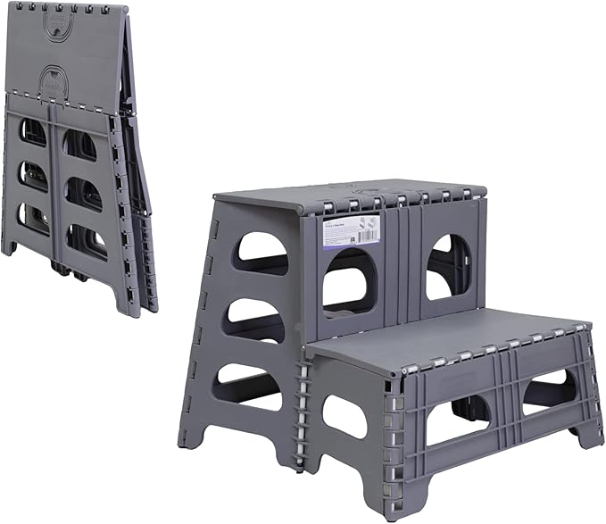 Bee Neat Folding 2 Step Stool for Adults, Kids, Toddlers - Collapsible & Foldable Step Ladder for Kitchen, Bathroom or Bedroom - Non-Slip & Wide Stepping Stool Supports 200lbs - Gray