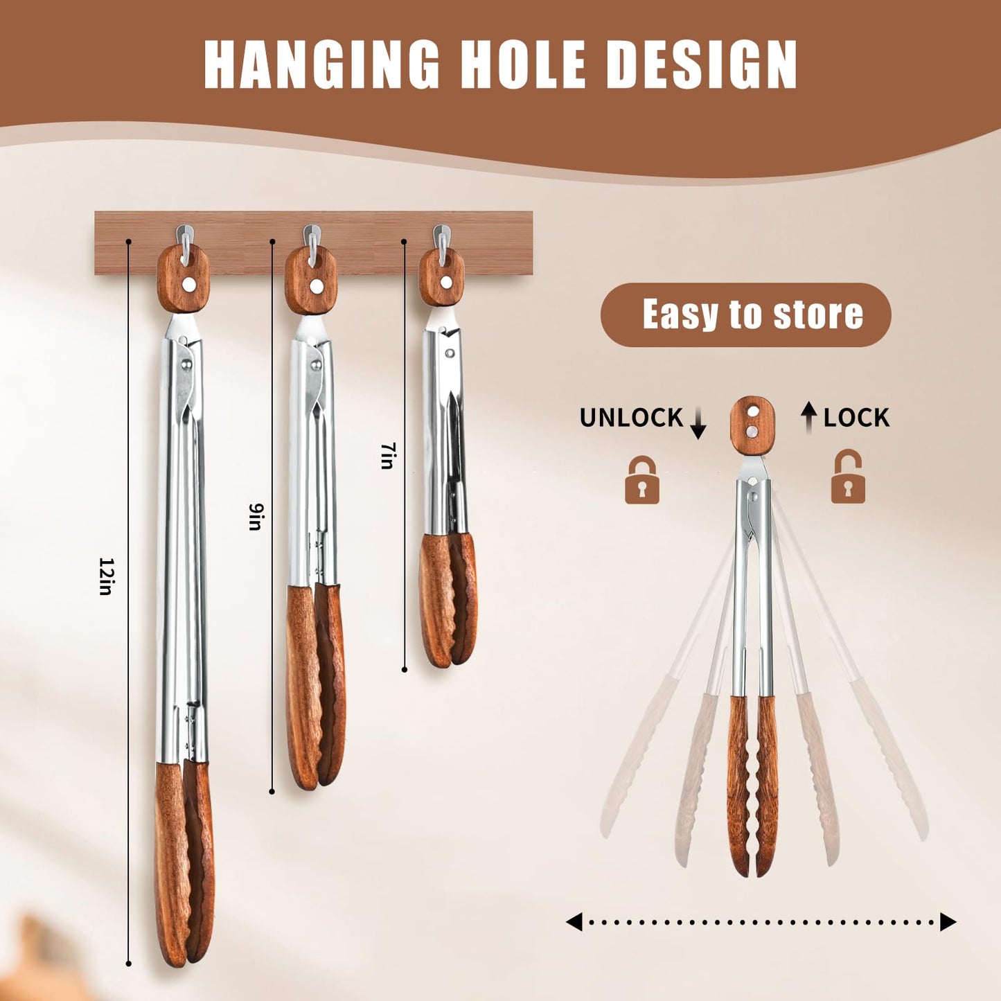 Wooden Tongs for Cooking Set of 3 (7",9",12") Natural Walnut Wooden kitchen Tongs for Grilling, Serving, BBQ and Tossing Salad etc | Ergonomic Stainless Steel Non-Slip Grip, Heat Resistant, Pull Lock