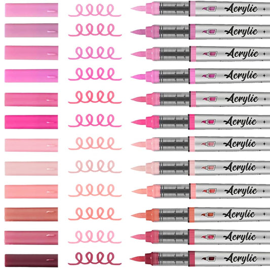 Mifuner Acrylic Paint Pens Set,12Colors Soft Brush Tip Acrylic Paint Markers, Direct-Liquid Ink System,Colored Marker Pen for Rocks,Wood,Ceramic,Canvas, Eggs DIY Painting Art Supplies.Pink