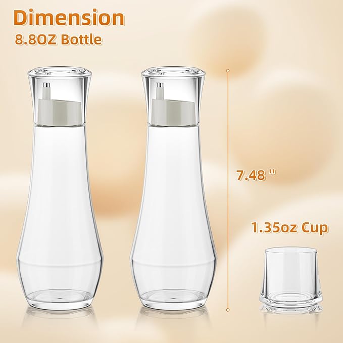 VITVITI Glass Mouthwash Dispenser for Bathroom, 8.8OZ Mouth Wash Container Bottle with Lid Cup, Small Clear Refillable Mouthwash Dispenser Decanter for Countertop, Set of 2