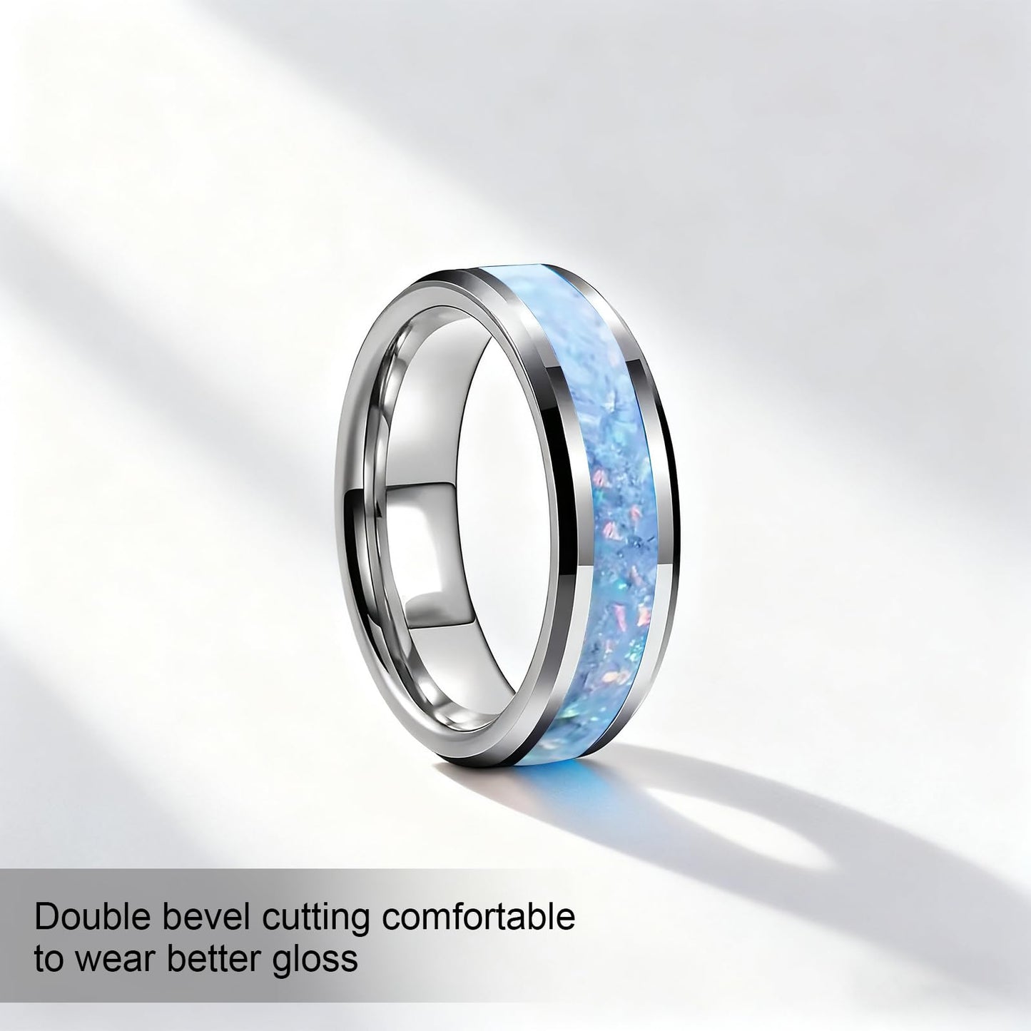 HJIMMNHONG New Opal Fashion Ring Double Beveled Edge Delicate Polished Stainless Steel Simple Mens and Women Rings, Width 8mm,Blue, Size 8