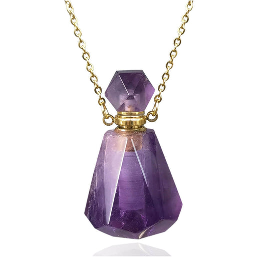 Ladywowu Amethyst Necklace, Natural Purple Crystal Perfume Bottle Necklace for Liquid, Essential oi