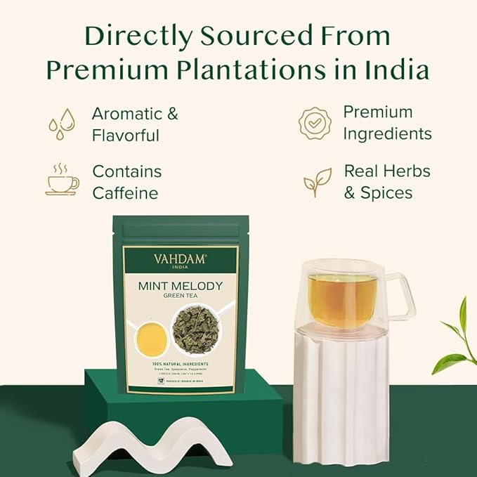 VAHDAM, Mint Green Tea Loose Leaf (50+ Cups, 3.5 oz) Cool Peppermint Tea With Himalayan Green Tea Leaves | Low Caffeine | High Elevation Grown | Vacuum Sealed for Freshness