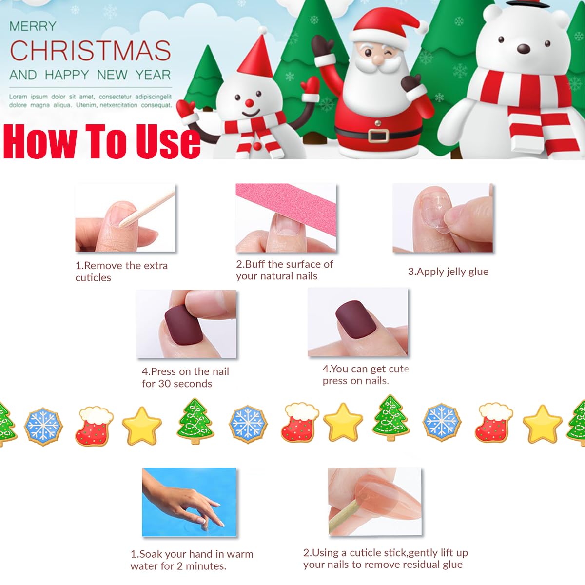Christmas Press on Long Coffin False Nails Red Matte with Design Snowflake White Stripe Glue on Full Cover Winter Xmas Acrylic Stick on Nails for Women Manicure 24 Pcs