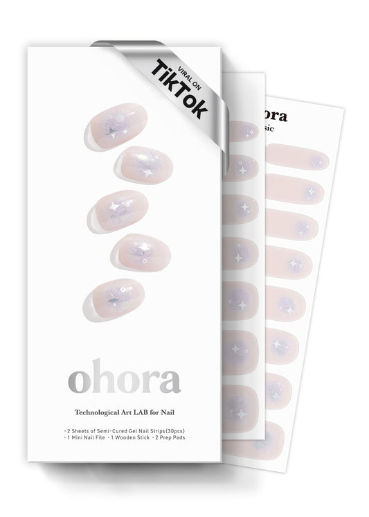 ohora Semi Cured Gel Nail Strips (N Faerie Snow) - Works with Any Lamps, Salon-Quality, Long Lasting, Easy to Apply & Remove - Includes 2 Prep Pads, Nail File & Wooden Stick