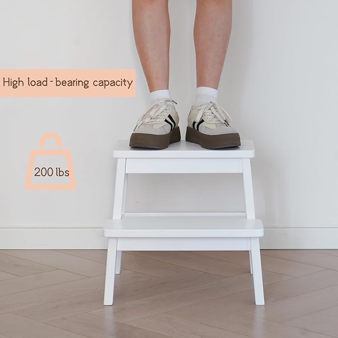Adult & Child Wooden Two Step Stool ，Stepping Stool，Kids Step Stool Kitchen Step Stools for Bathroom– Perfect for Kitchen, Bathroom, Bedrooms & More (White)