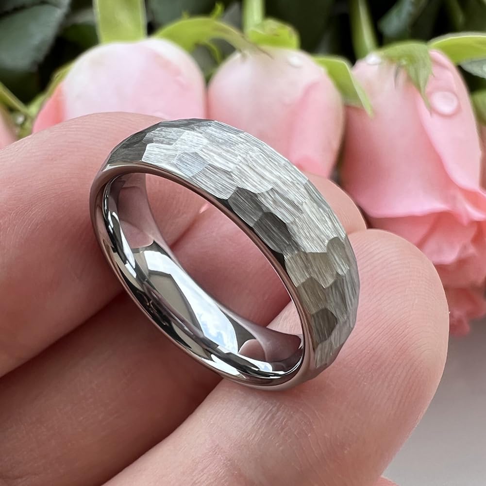 TUTISS 6mm Hammered Tungsten Carbide Rings for Men Women Engagement Wedding Bands Domed I Love You Engraved Comfort Fit Size 8