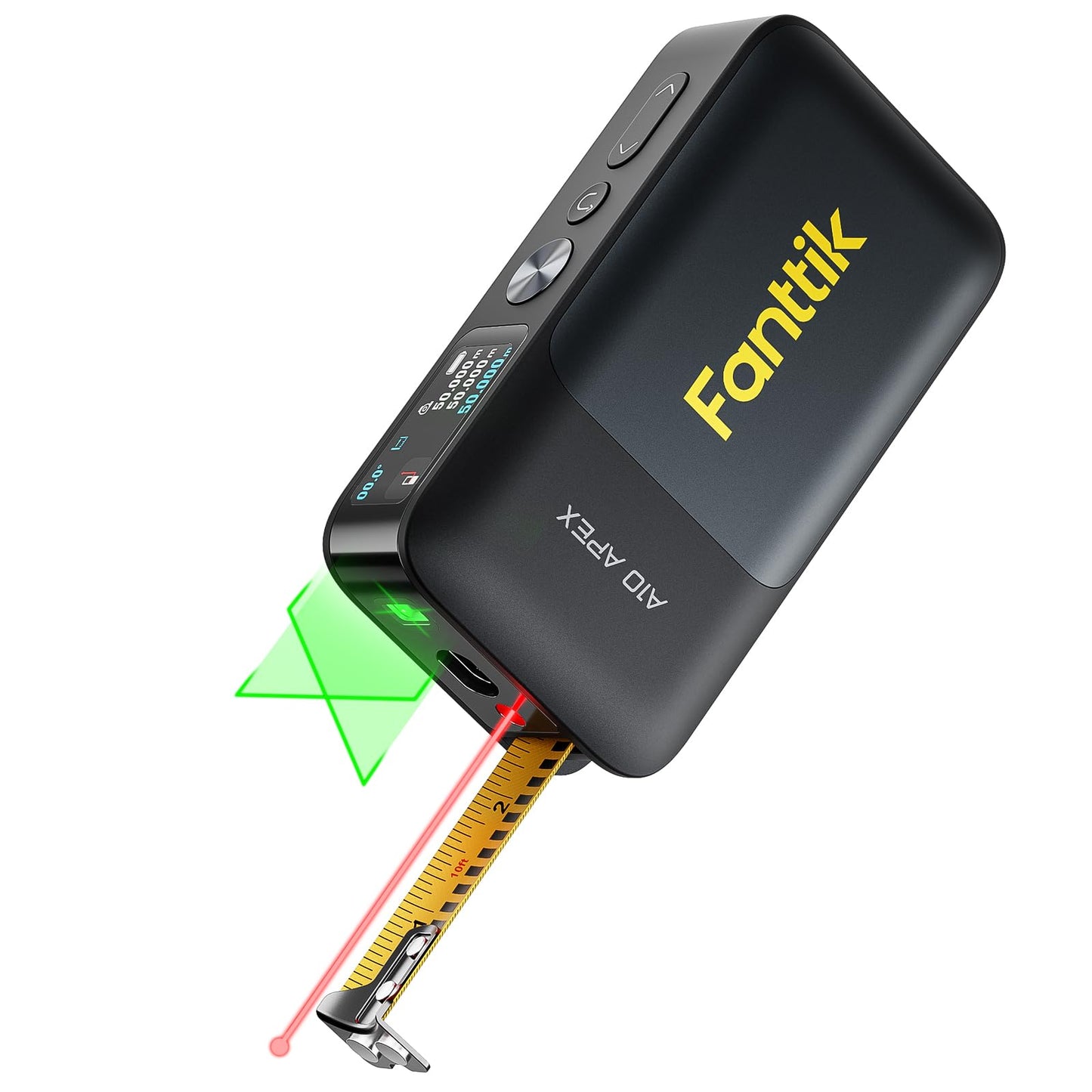 Fanttik A10 Apex 3-in-1 Digital Laser Tape Measure with HD Color Display, 165Ft Rechargeable Laser Measurement & 32Ft Green Cross Line Laser & 9.8Ft Tape, 6 Units, for Distance/Area/Volume/Leveling