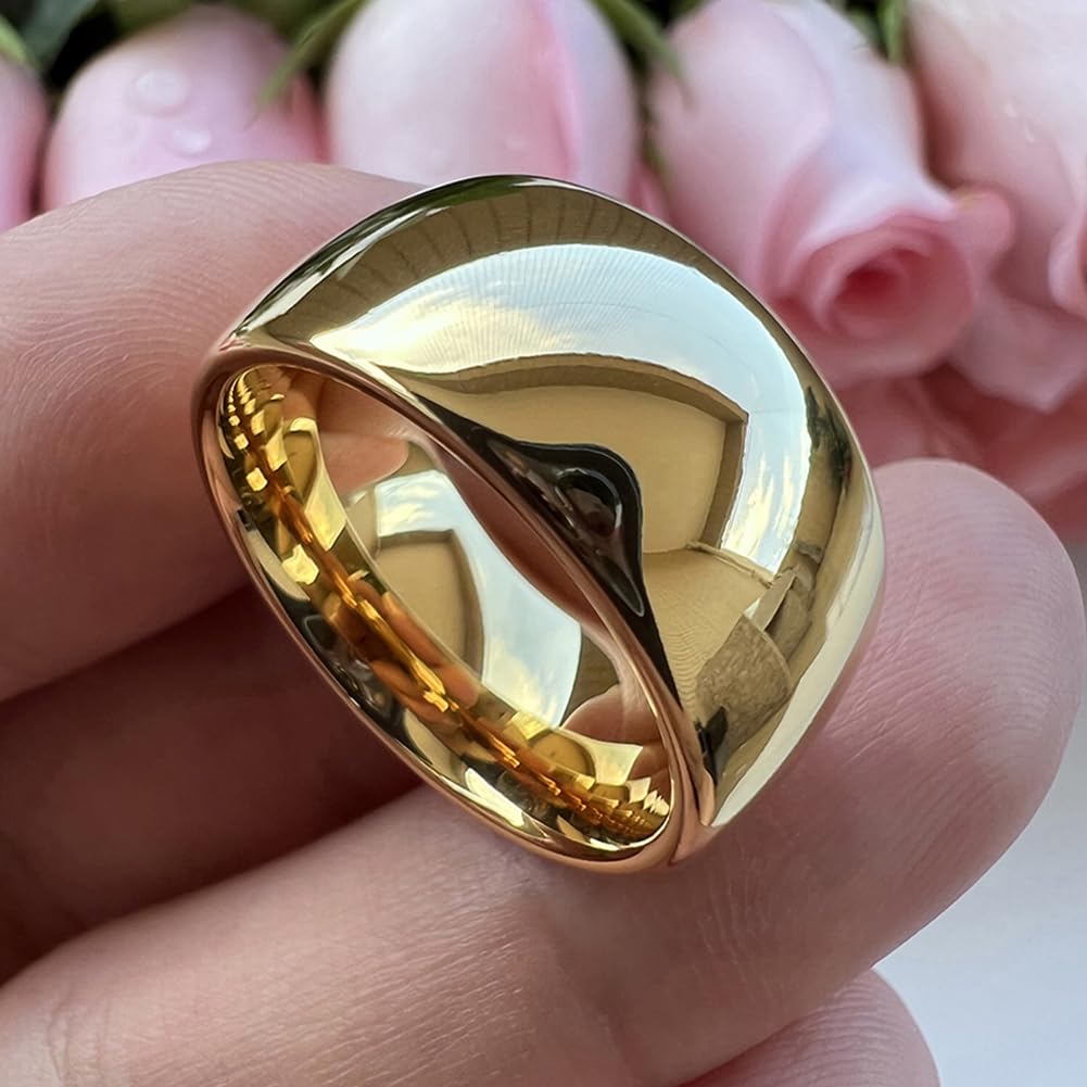 TUTISS 10mm Gold Tungsten Rings for Men Women Engagement Wedding Bands Domed Polished Comfort Fit Size 14
