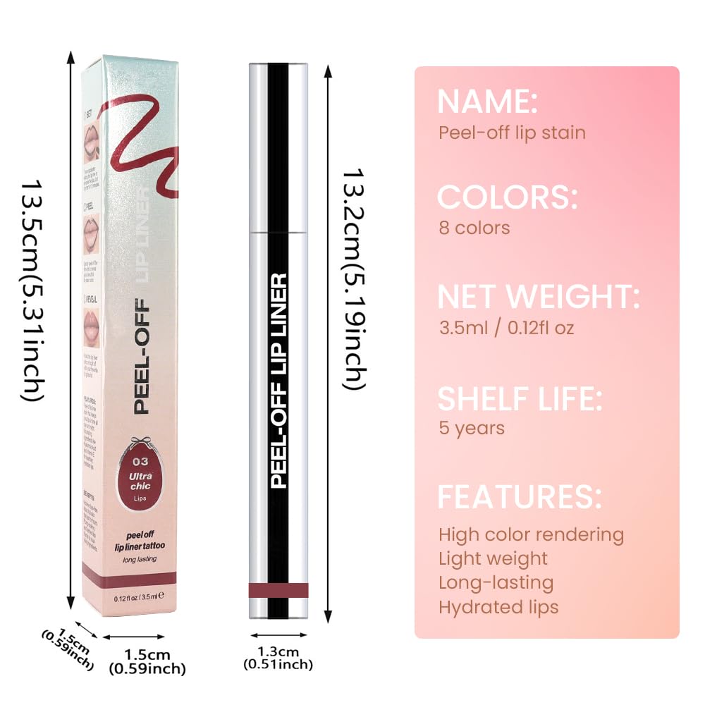 Peel Off Matte Liquid Lip Gloss Stain-Lip Liner with Tweezer, Brownish Red Peel Off Lip Stain, Long Lasting & Waterproof Lipstick Tattoo, Transfer-Proof Lip Gloss for All Skin Types (03#, 1Pcs)