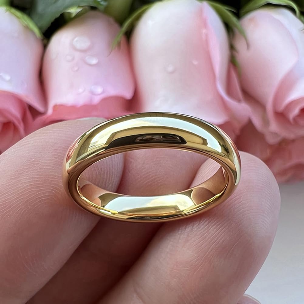 TUTISS 4mm Gold Tungsten Rings for Women Men Engagement Wedding Bands Domed Polished Comfort Fit Size 10