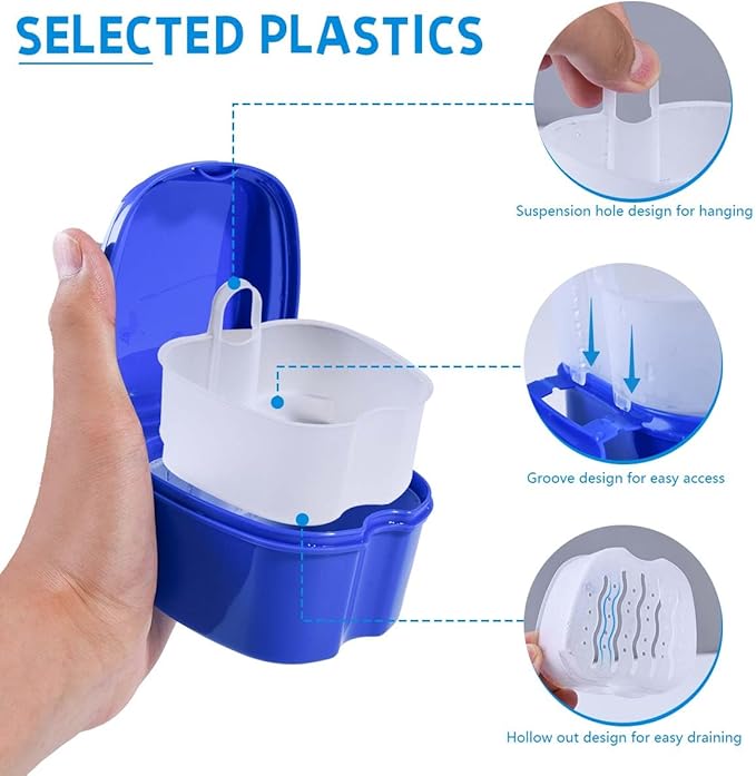 Blue Denture Bath Case Cup Box Holder Storage Soak Container with Strainer Basket for Travel Cleaning