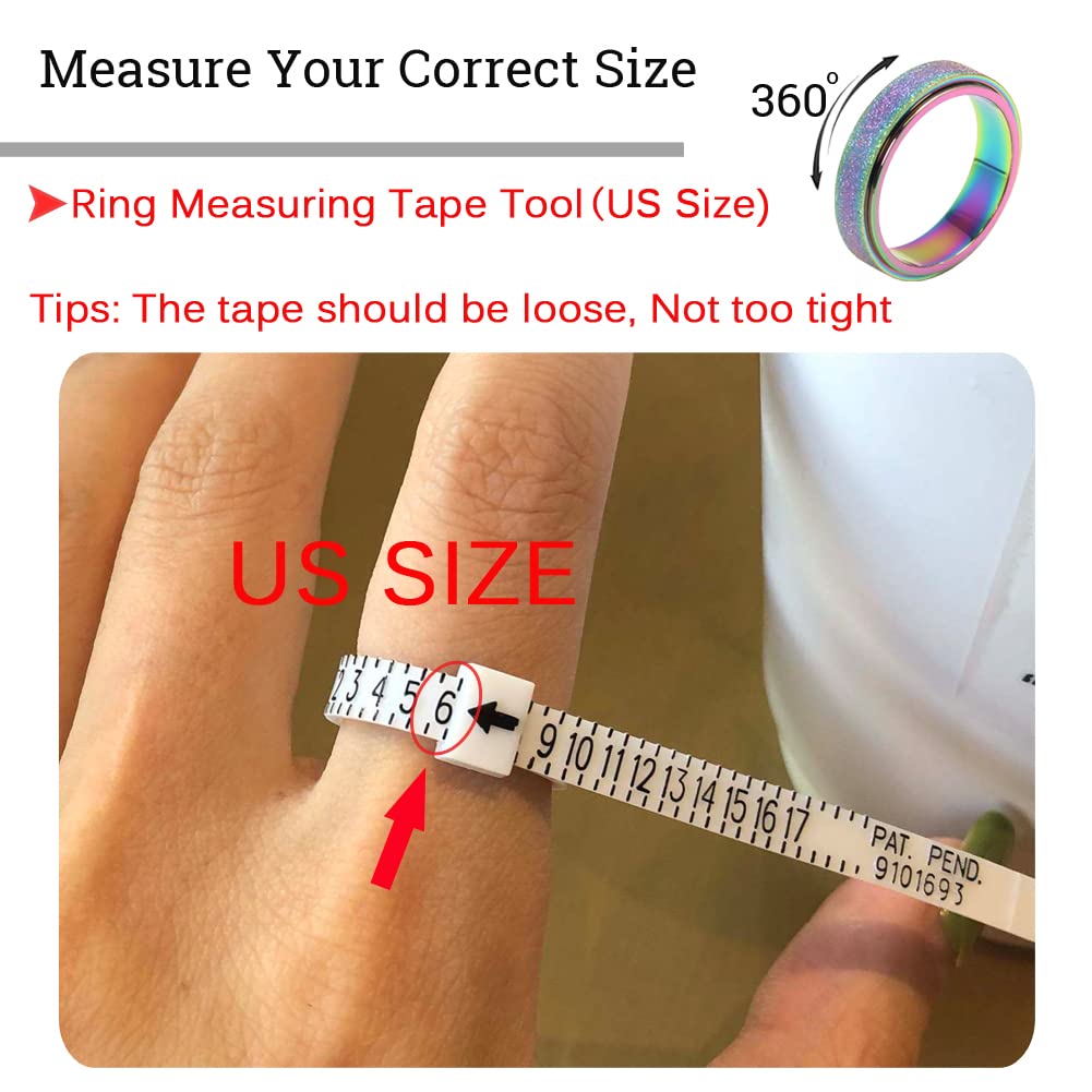 OreilleStar Anxiety Ring for Women Fidget Spinner Ring Fidget Toys Adults Titanium Stainless Steel Thumb Ring 6mm Wide Rainbow Size 10