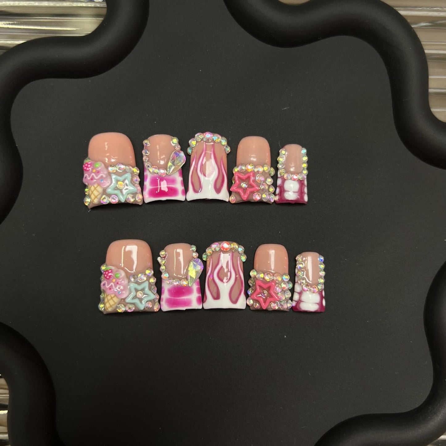 Handmade Press on Nails Short Duck 3D Rhinestones French Tip Thick Acrylic Fake Nails Pink False Nails with Cute Stars Ice Cream Designs Muti-Layer Gel Stick on Nail Art Press on Nail for Women（S)