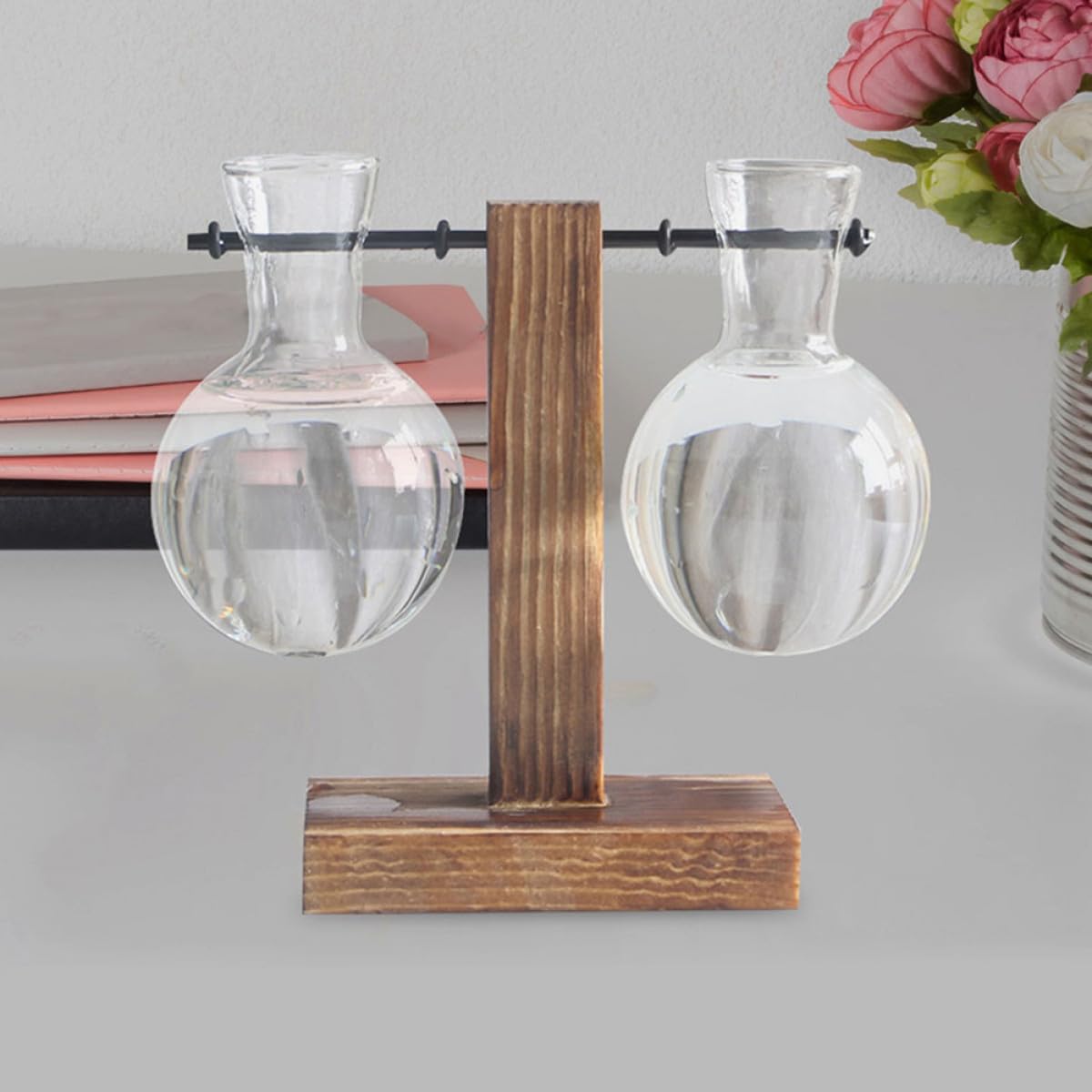 Abaodam 3pcs Hydroponic Plant Vase Glass Propagation Planter with Wooden Stand High Borosilicate Glass Bulb Vase for Desktop Indoor Plant Terrarium Gardening Decor