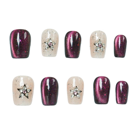 Tesytto Handmade Short Square Press On Nails, Purple Cat Eye Glitter False Nails with 3D Star Rhinestone, Reusable Fake Nails for Women, 10Pcs (Gemstone Starry Night,S)
