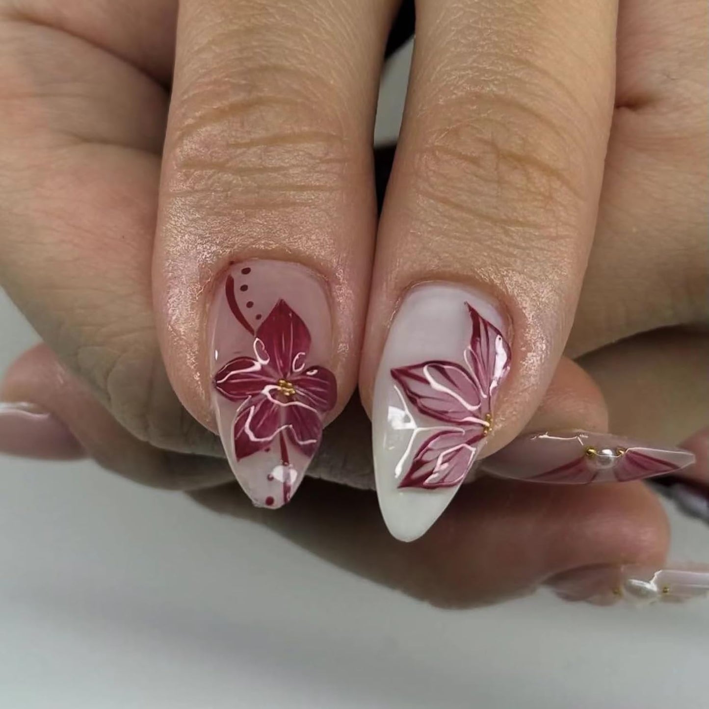 Almond Press On Nails Medium Flower Fake Nails Bow Nails Press Ons With Pearls Designs French Acrylic Nail Spring Summer Glossy Glue On Nails For Women Girls Nail Accessories 24Pcs