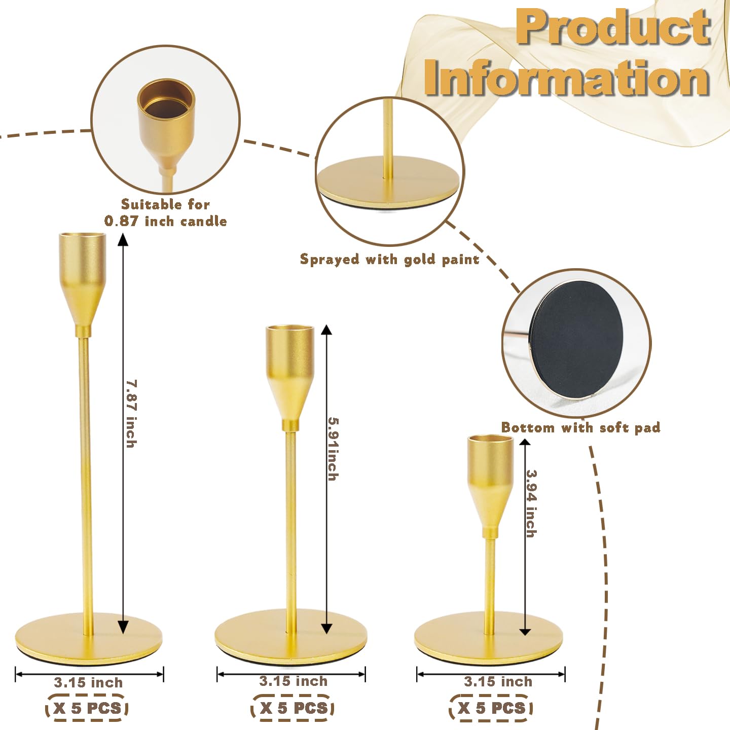 Matte Gold Candle Holders Bulk Painted Gold Metal Candlesticks Fit 0.8 Inch Taper Candles Decorative Metal Candelabra for Wedding Home Holiday Anniversary Party Dinning Table Decors (Set of 15)