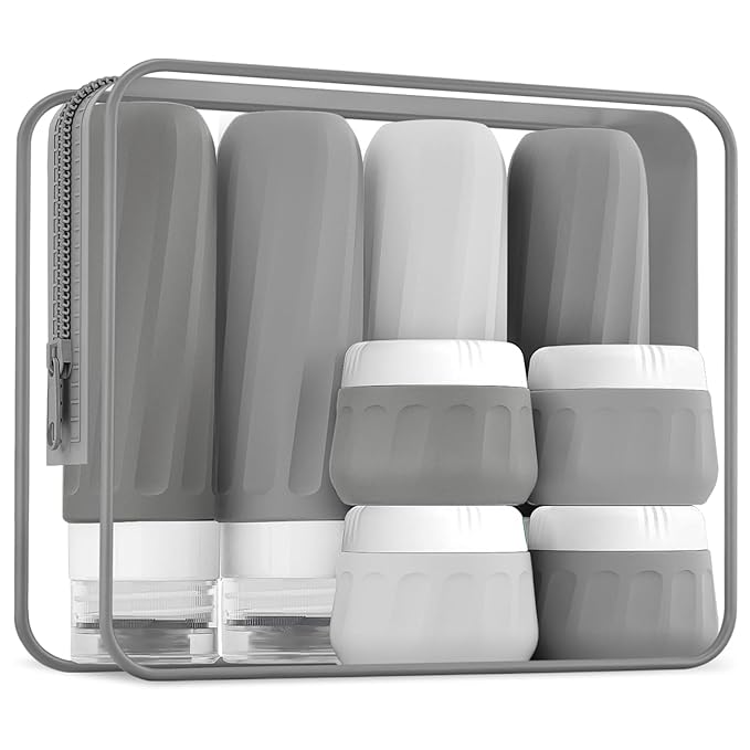 Travel Bottles for Toiletries 8 Pack, TSA Approved Travel Size Containers 3oz, Leak Proof Silicone Squeezable Creams Jars with Clear Travel Bag