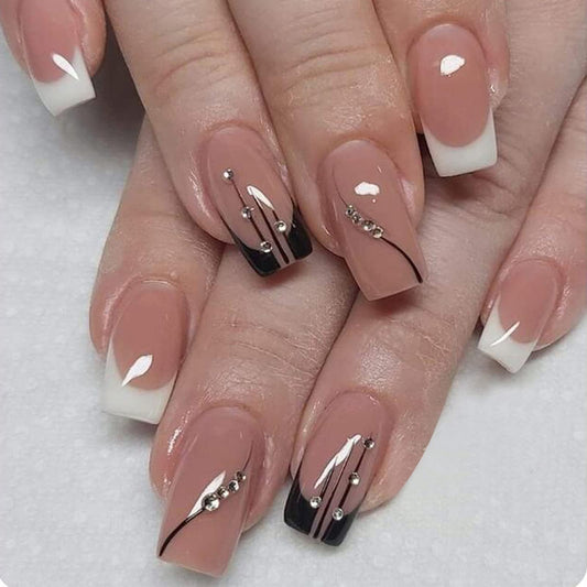 24 Pcs Square French Press on Nails Medium Fake Nails French Line Glue on Nails with Rhinestone Designs Full Cover False Nails Black White Nail Tips for Women Girls