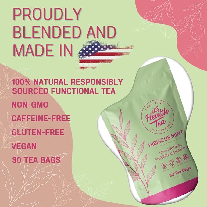 Hibiscus Mint Herbal Tea – 30 Tea Bags – Caffeine-Free, Antioxidant-Rich Blend for Heart, Immune & Digestive Support – Refreshing Herbal Infusion