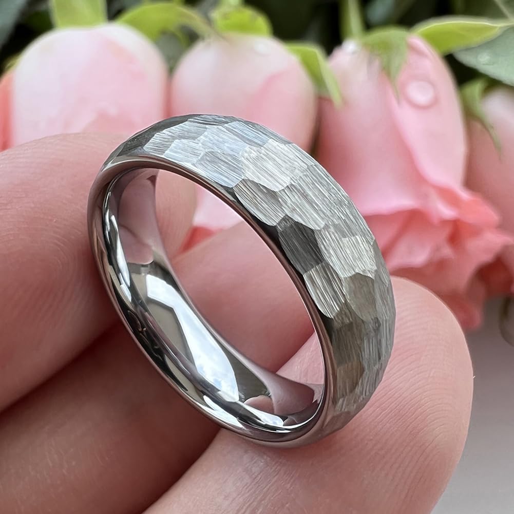 TUTISS 6mm Hammered Tungsten Rings for Men Women Fashion Engagement Wedding Bands Domed Matte Finish Comfort Fit Size 9.5