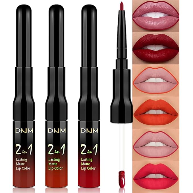evpct 3Pcs Dark Red Orange Fire Red Matte Lip Liner & Liquid Lipstick Stain Makeup Set for Women, Lip Liner Stain Long Lasting Waterproof Smudge Proof, Cruelty Free Lip Makeup 24 hours original labios