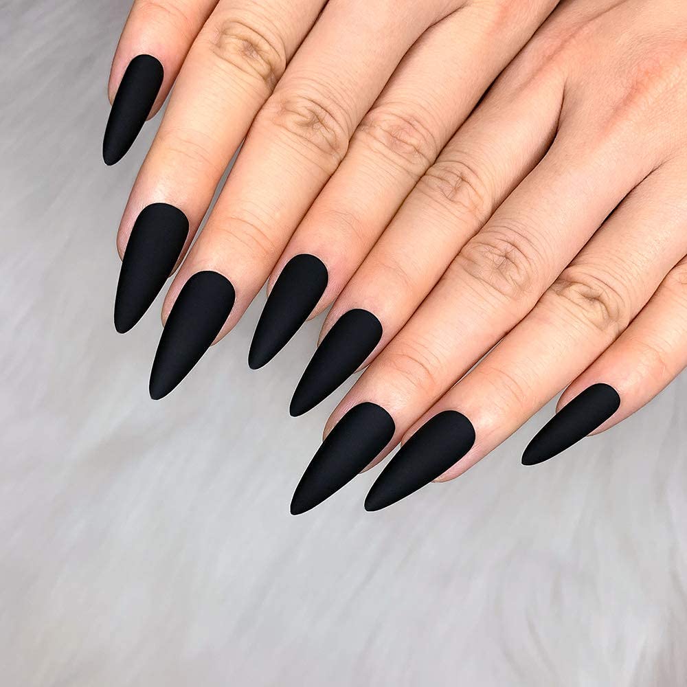 Morily Press-On Nails Bundle | Black Stiletto Matte & Wine Red Stiletto Matte | 24Pcs Each Set, Medium Length Long False Fake Nails