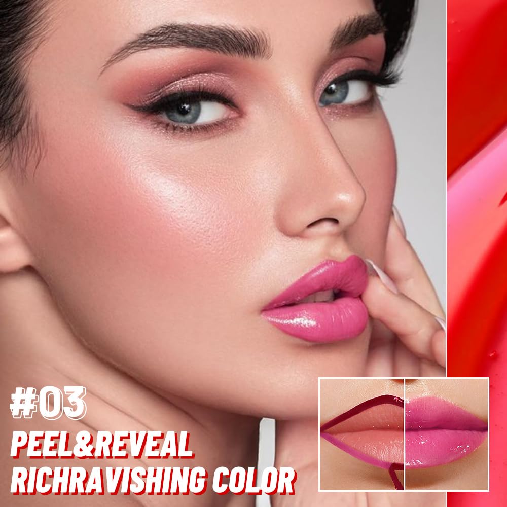 Raspberry Peach Lip Stain Peel Off Lip liner and Lip oil with Tweezer, Dual-Ended Peel Off Lip Stain Tattoo, Highly Pigmented Long Lasting Waterproof, Transfer-proof for All Skin Types, 03#