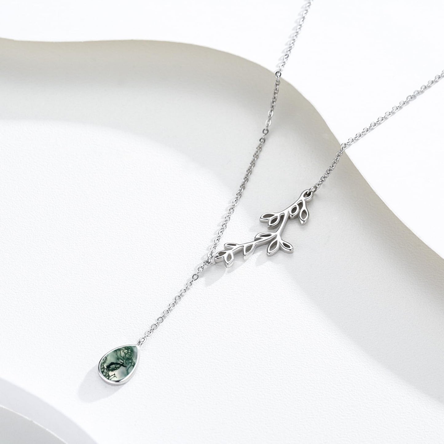 Silikepa Leaf Necklace for Women 925 Sterling Silver Leaf Pendant Necklace Y Chain with Moss Agate Jewelry Gifts for Women