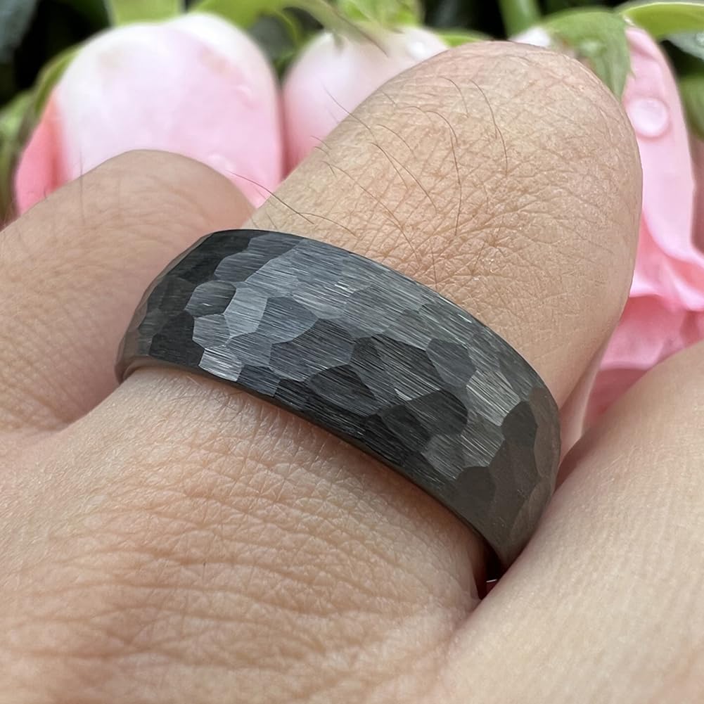TUTISS 8mm Black Hammered Tungsten Rings for Men Women Fashion Engagement Wedding Bands Domed Matte Finish Comfort Fit Size 6