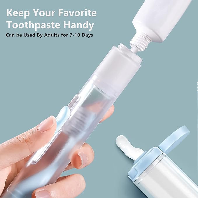 2Pcs Travel Toothbrushes Kit Fold Travel Size Toothbrushes Built-in Toothpaste Container, Including 2 Cleaner Head Soft Bristles for Camping, School, Business Trip (Blue, White)