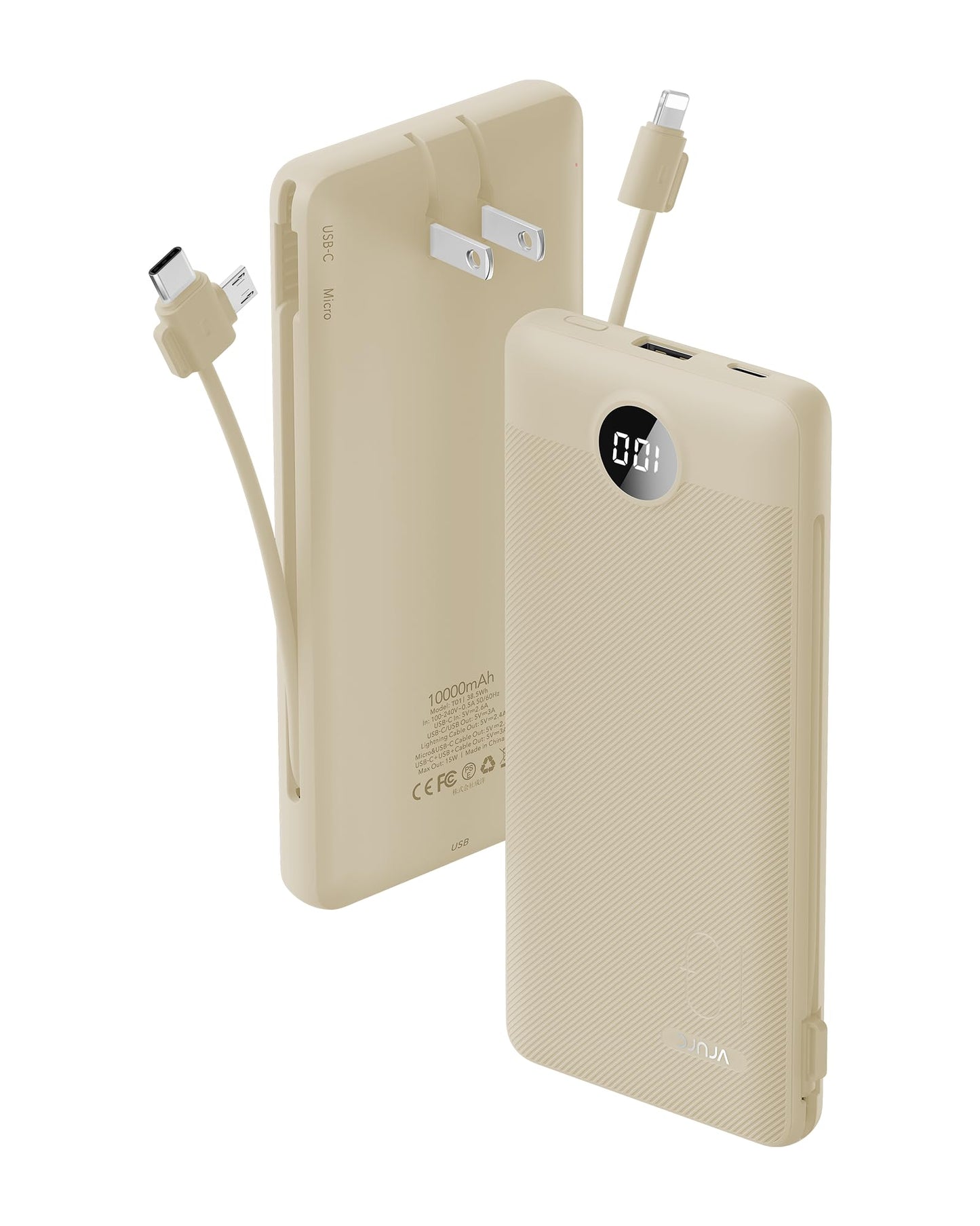 Portable Charger Built-in Cables and AC Wall Plug, USB C Power Bank 10000mAh, Travel Battery Portable Phone Charger Compact Lightweight External Battery Pack for Smart Phones, Tablets etc-Light Coffee