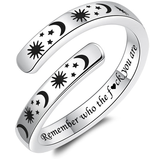 925 Sterling Silver Inspirational Jewelry Adjustable Wrap Open Ring Encouragement Gift for Women (Sun & Moon - Remember who the f♡ck you are)