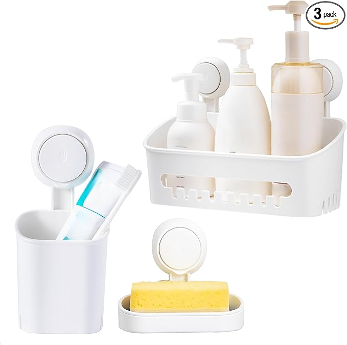 Shower Caddy Suction Cup Set - No-Drill Removable 3-Pack Organizer with Shower Shelf, Soap Dish, and Toothbrush Holder - Strong Suction, Waterproof, Ideal for Bathroom Organization