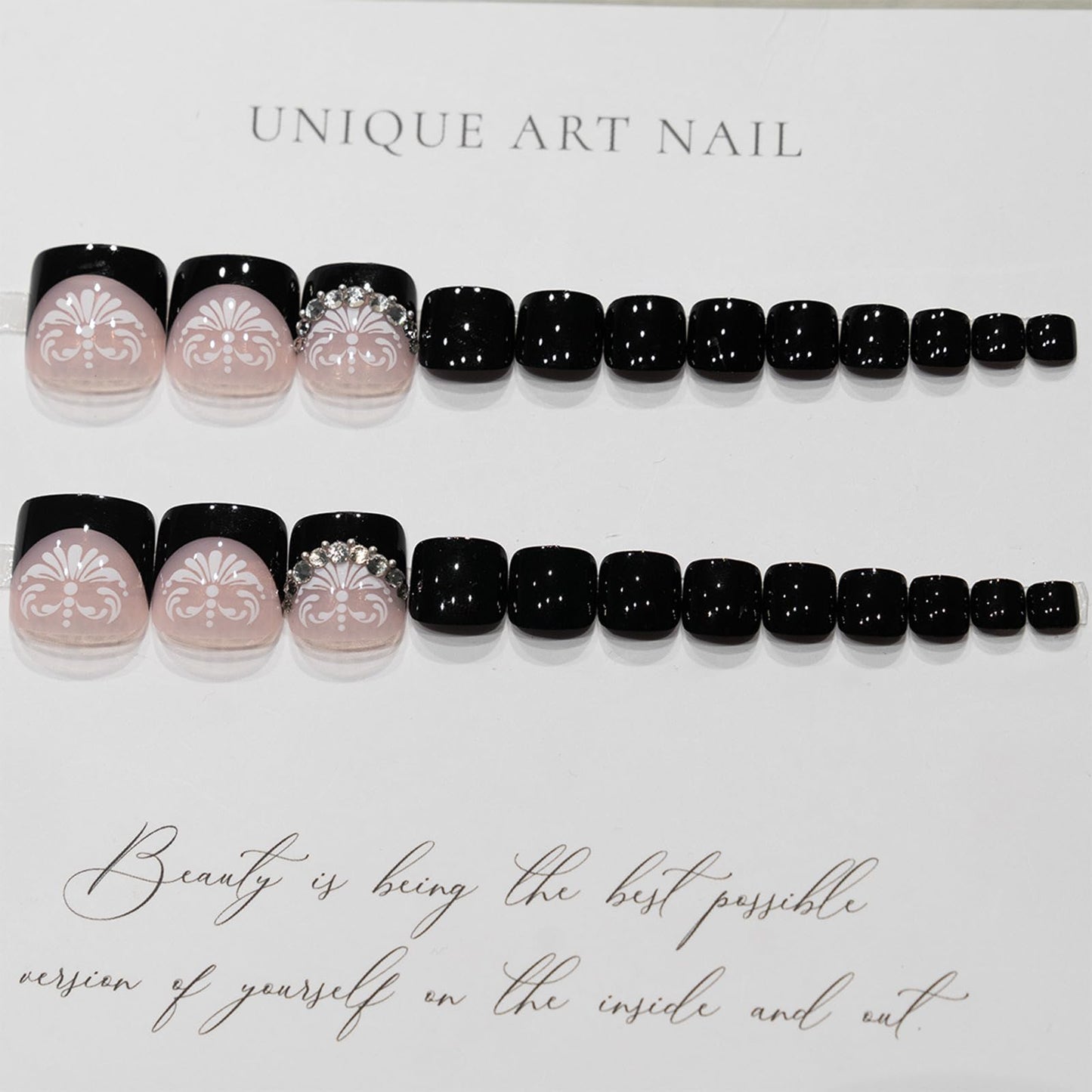 Press on Toenails French Tips ToeNail Press ons Fake Toe Nails Black False Toenails Glossy Full Cover Acrylic Glue on Toenails with Designs Rhinestones Artificial Stick on Toenails for Women Manicure