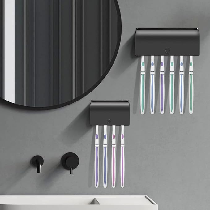 4-Slot Stainless Steel Toothbrush Holder with Cover - Wall Mounted, Dustproof, Self-Adhesive, Rustproof Bathroom Organizer for Toothbrush Storage (Black)