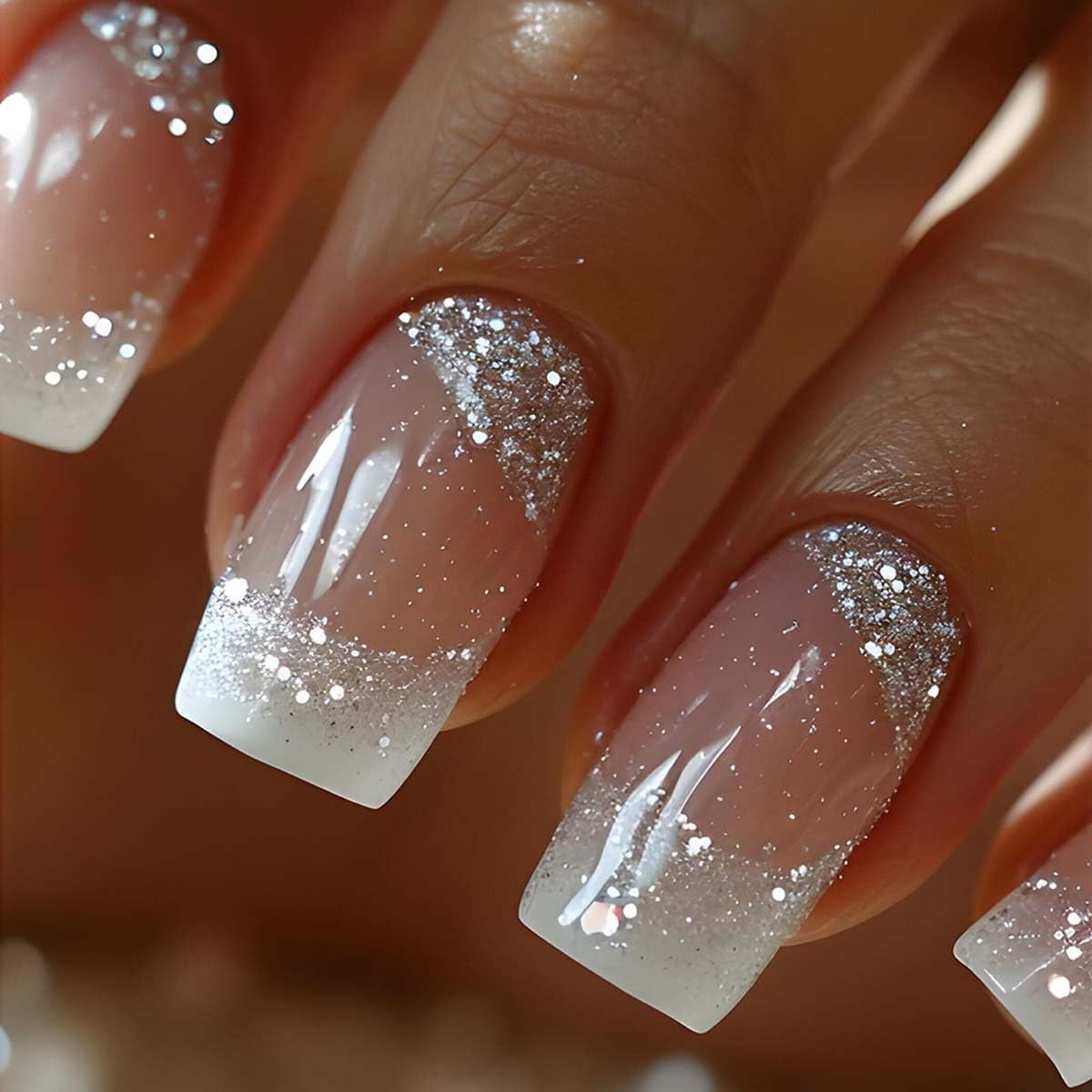 French Tip Press on Nails Medium Square Fake Nails Press ons Nail Tips, LINMEIZAI 24 Pcs Glitter Glossy Stick on Nails Sliver Acrylic Nail Kit with Sparkly White Design False Nails Nail Art for Women