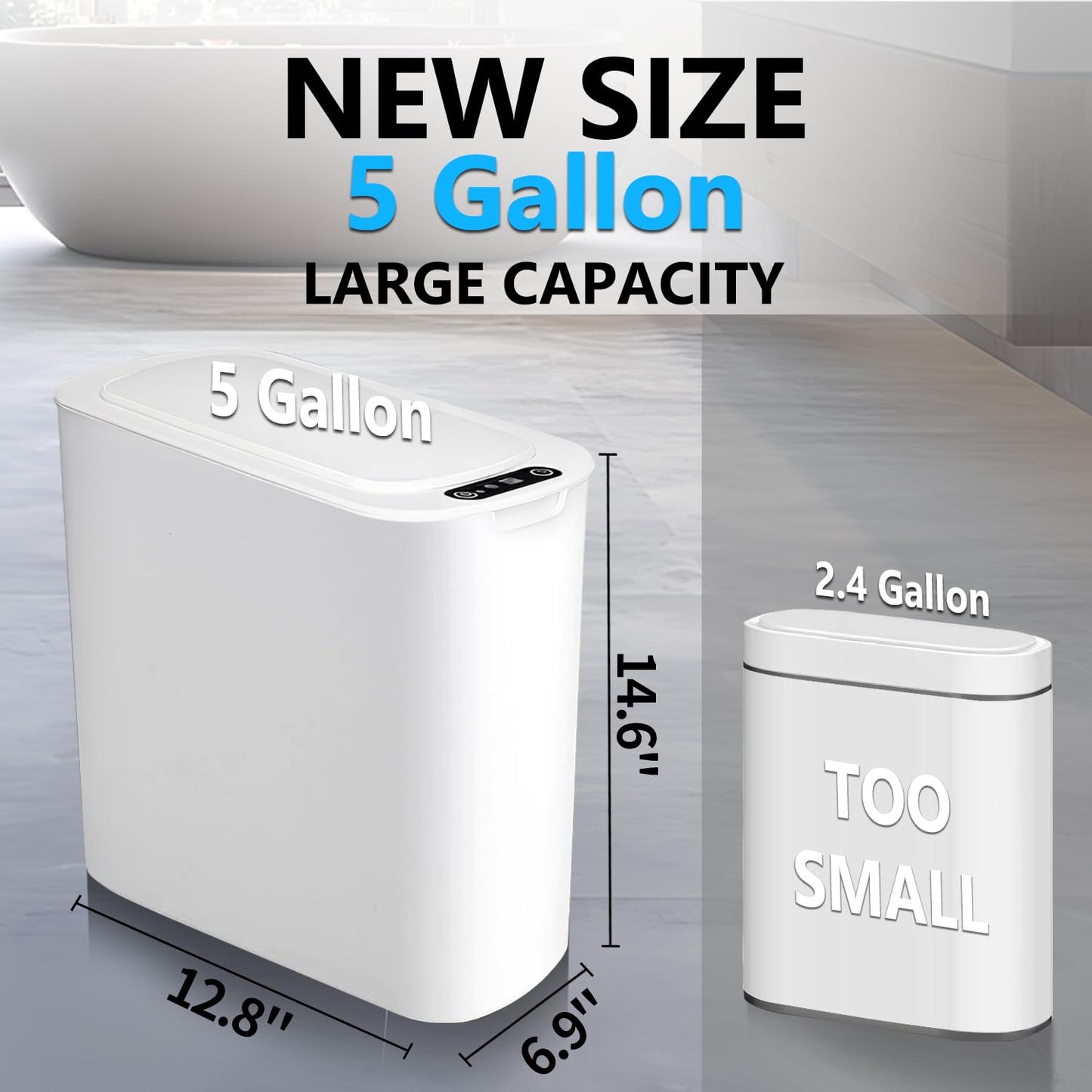TIPGO 5 Gallon Motion Senor Bathroom Trash Can with Lid, Automatic Garbage Can Touchless, Smart Plastic Waste Basket for Narrow Spaces, Bathroom, Office, Bedroom, Living Room (White)