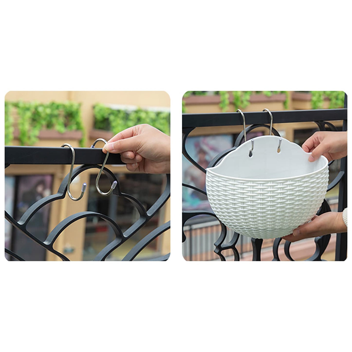 Hanging Planter Pot, Wall and Railing Hanging Planters with S Hooks, Half Round Imitation Rattan European Style Wall Flowerpot Rustic Decorative Flower Basket for Home Balcony(#21*16.5cm Dark green)