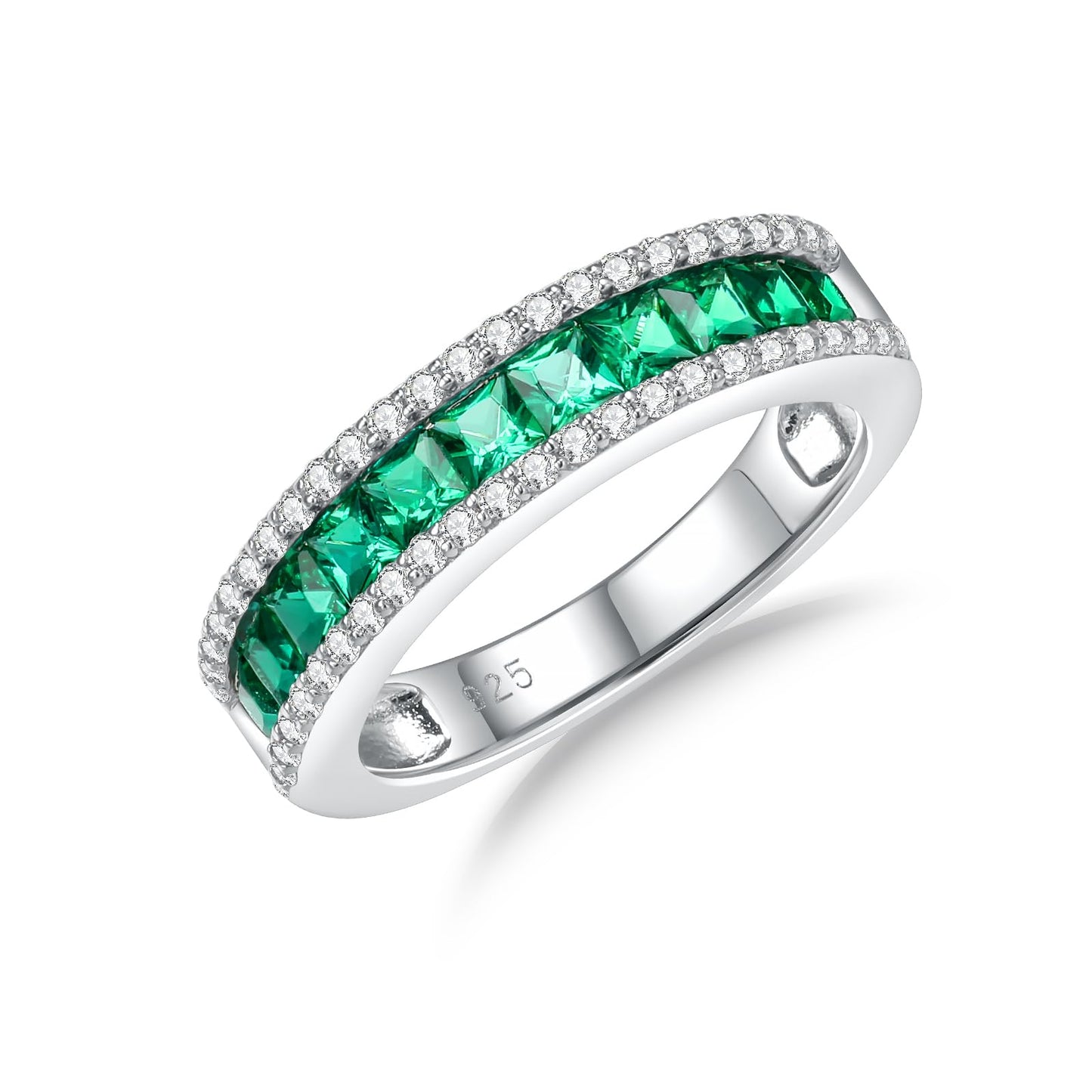 RANDES Created Emerald Engagement Ring 925 Sterling Silver Emerald Green Stone Ring Eternity Band Rings for Women Size 9.5
